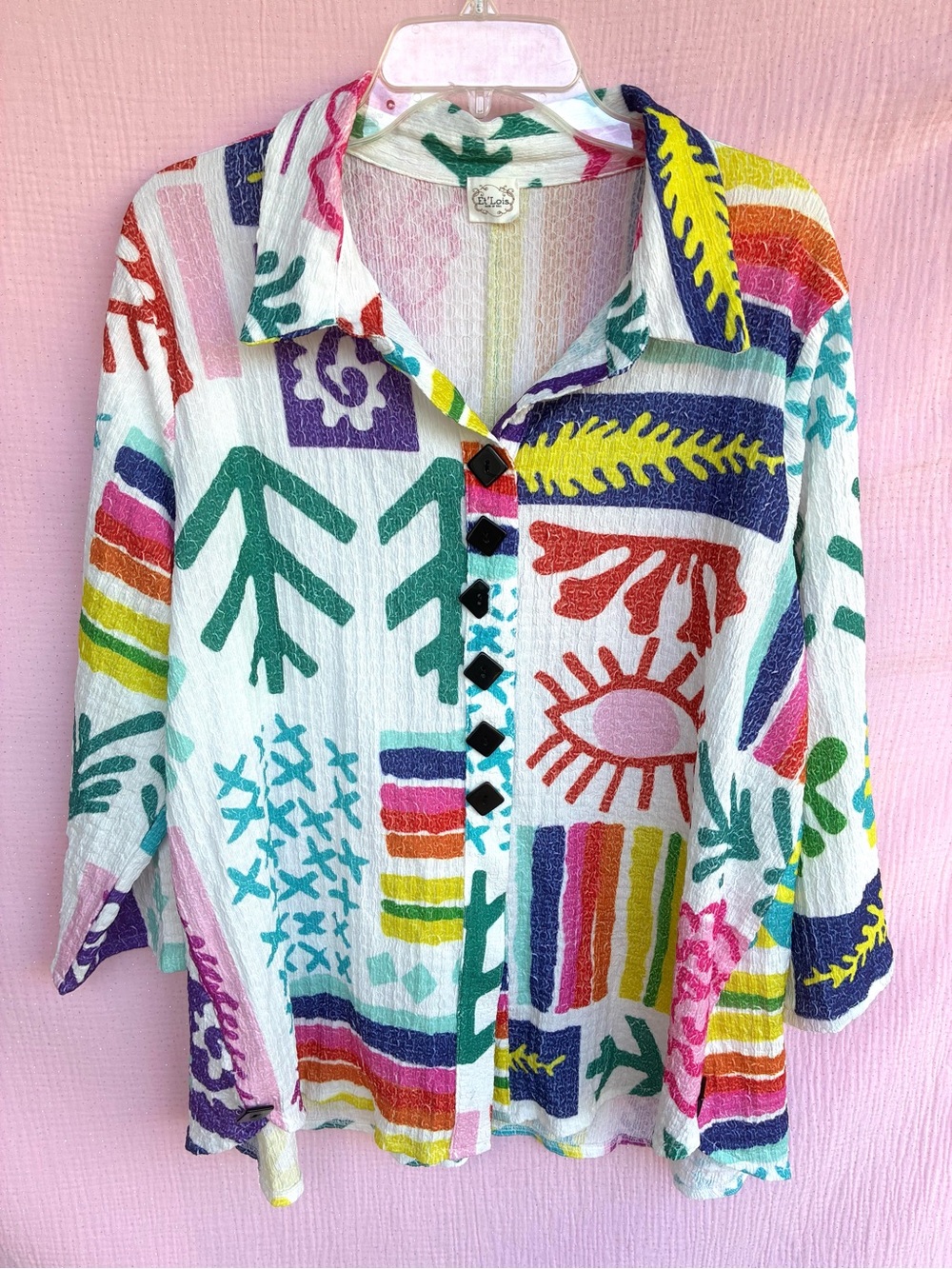 Et'Lois Abstract Print Button Front Collared Top 1X